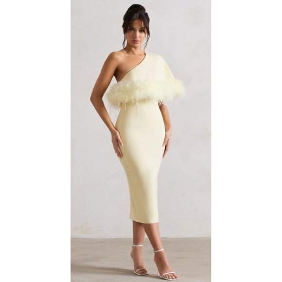 Club L London Victory | Lemon Asymmetric Midi Dress With Feather Trim Size US 8 - Picture 10 of 10